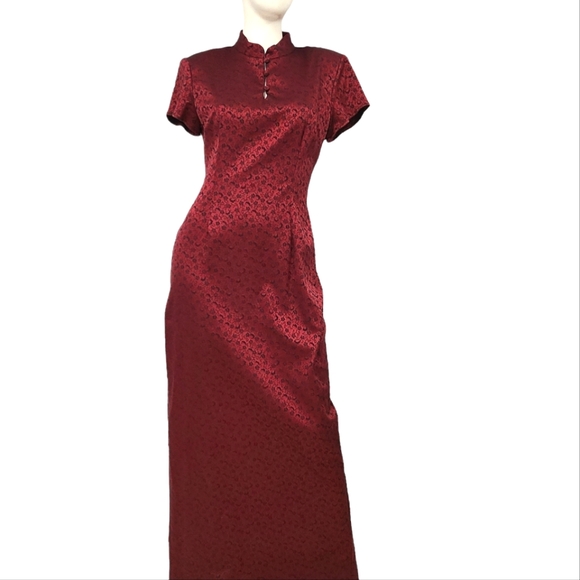 Vintage Harlow Nites Red Brocaid Maxi Dress size 10 - Picture 3 of 12